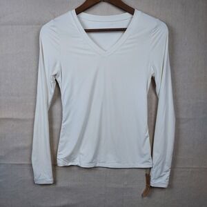 EasyGala Womens S Athletic V Neck Long Sleeve Top White Stretch NWTClean...